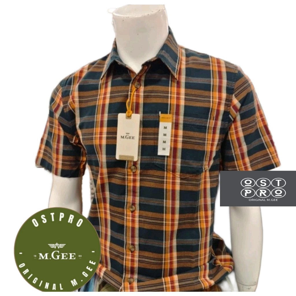 Kemeja MGEE Original - Kemeja Kasual Kerja Lengan Pendek Kotak Kotak Original MGEE Orange Alto C133