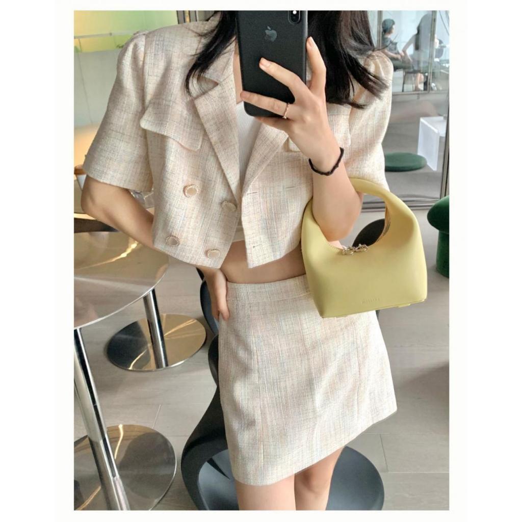 Drozenb Tweed Mini Blazer with Skirt Set/Set Wanita Rajut Tweed Korea/Set Tweed Korea Chic Minimalis