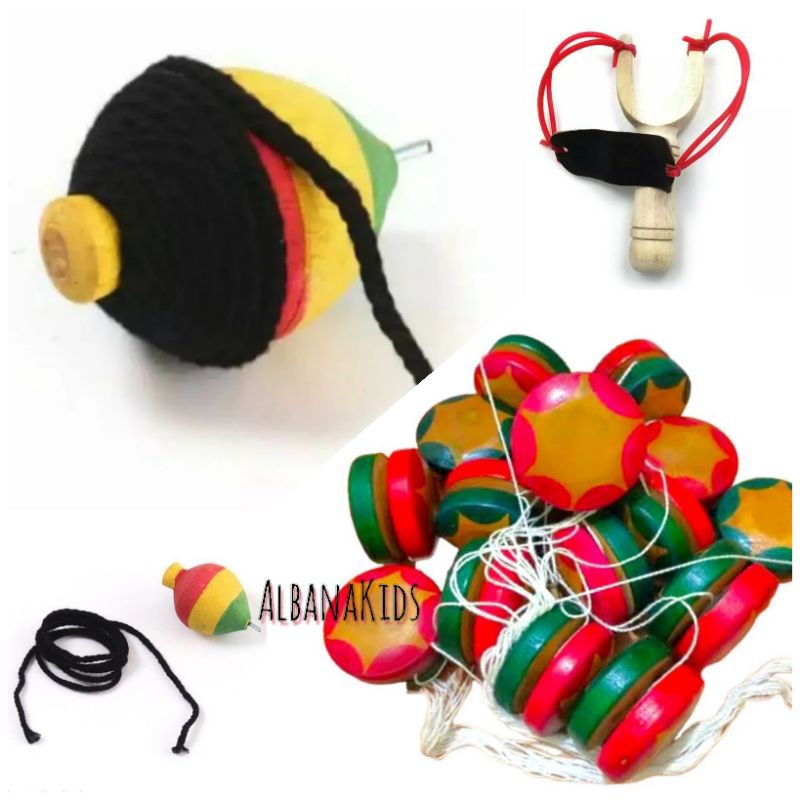 Mainan Anak Jadul Gasing Kekean dan Yoyo Ketapel Bahan Kayu