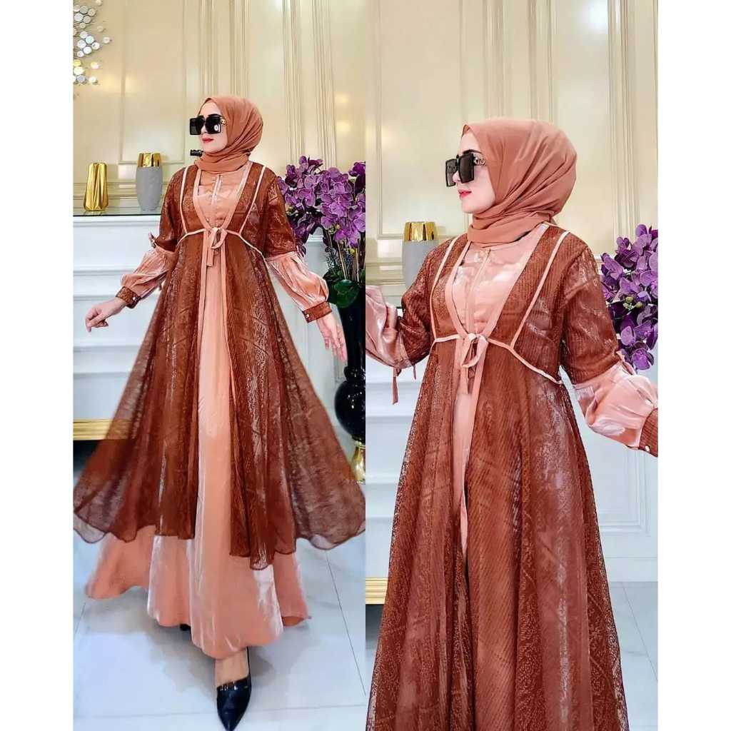 Talitha Maxi Dress Wanita Muslim Modern Kekinian Matt Shimmer Mix Brukat All Size Fit To XL Besar OOTD Gaun Pesta Kondangan Fashion Terlaris