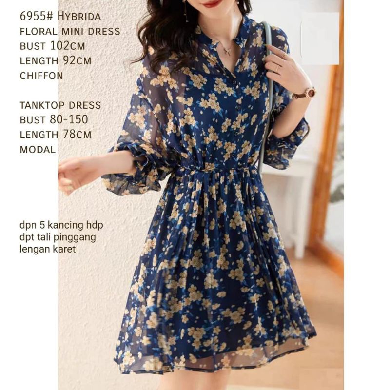 6955 Fashion mini dress minidress lengan karet bunga2 simpel elegan mewah sopan simpel santai nyanta