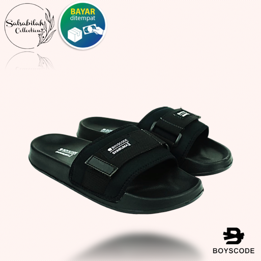 Sandal Slide Velcro Original BOYSCODE KENSHIN Full Black Sendal Selop Distro Casual Sporty Tali Kare