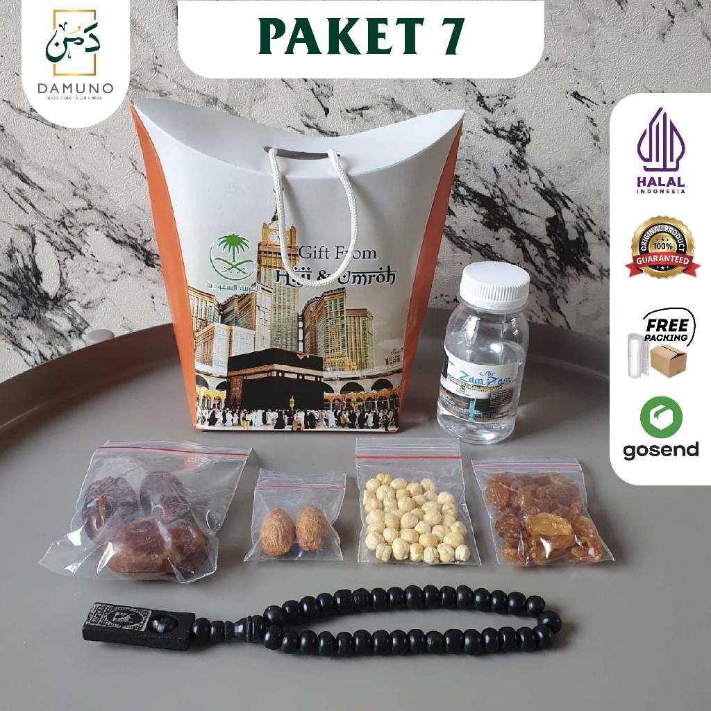 

Paket 7 Oleh Oleh Haji Umroh Souvenir Kardus Isi Air Zam Zam 60ml Kurma Kismis Kacang almond + Tasbih