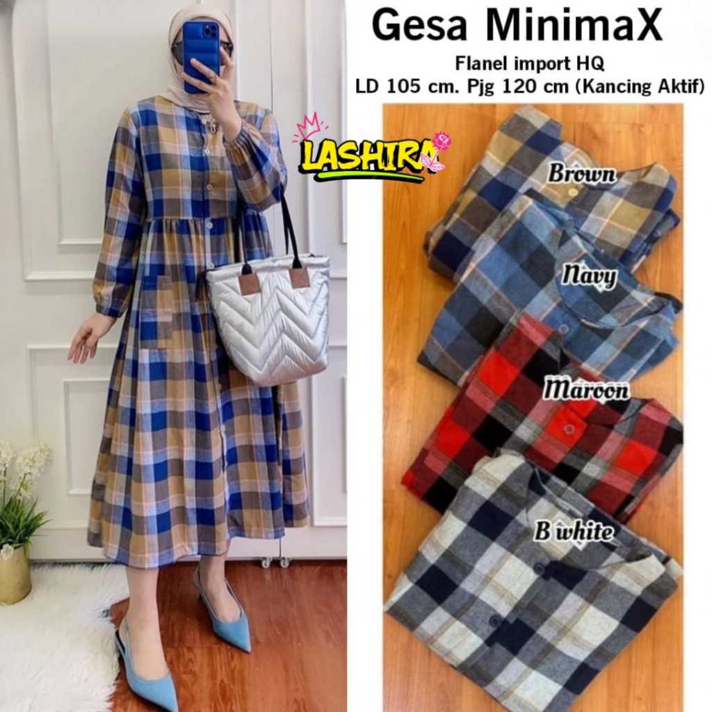gesa midi dress flanel import ld 105 pakaian baju longdress long dres gamis motif kotak siize xl per