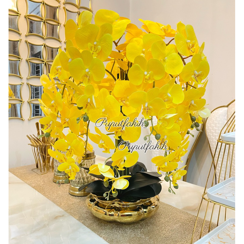 Vasgold keramik Dengan BUNGA ANGGREK LATEX PREMIUM/ Bunga Anggrek Latex dengan Vas Super Cantik Dan elegan