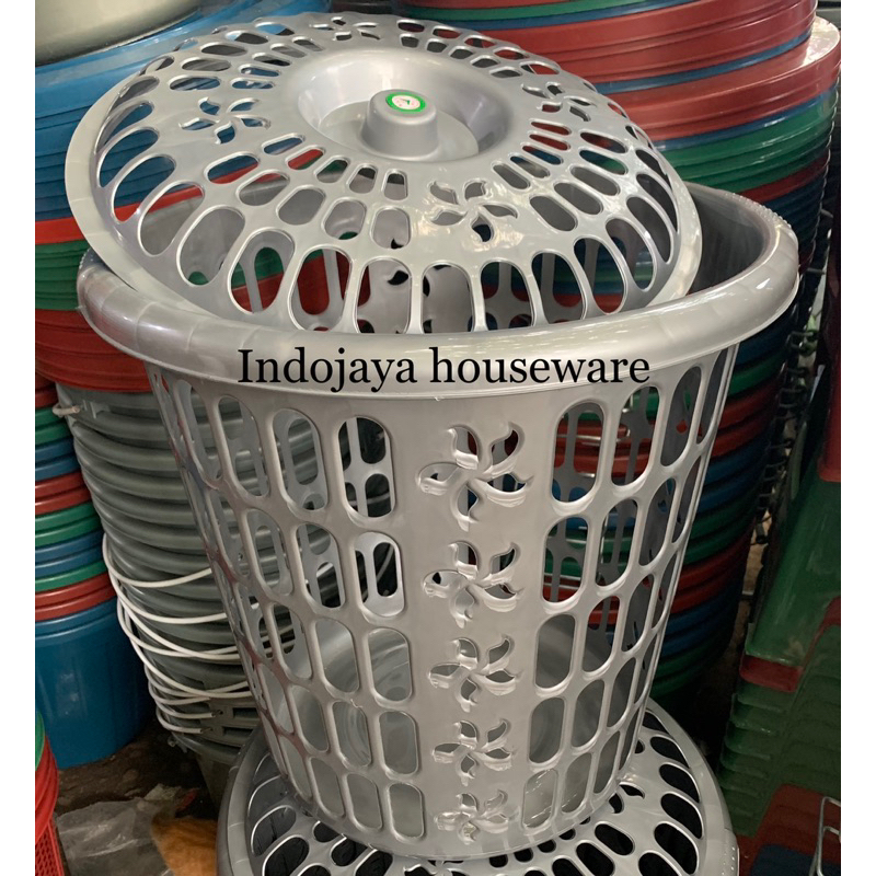 keranjang laundry bulat tutup keranjang pakaian silver / keranjang baju kotor