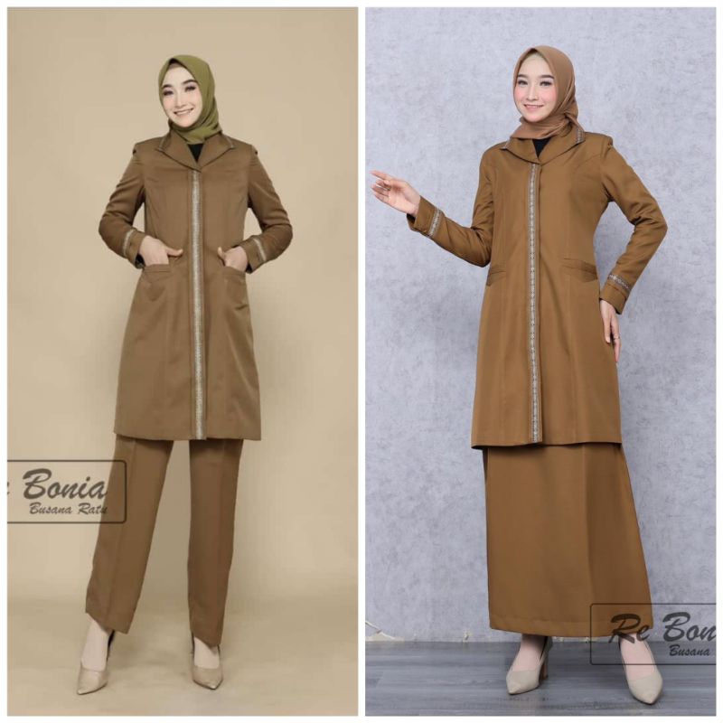 stelan blezer kheki tua tunik celana/ seragam pemda wanita terbaru kheki tua/ baju kerja wanita khek