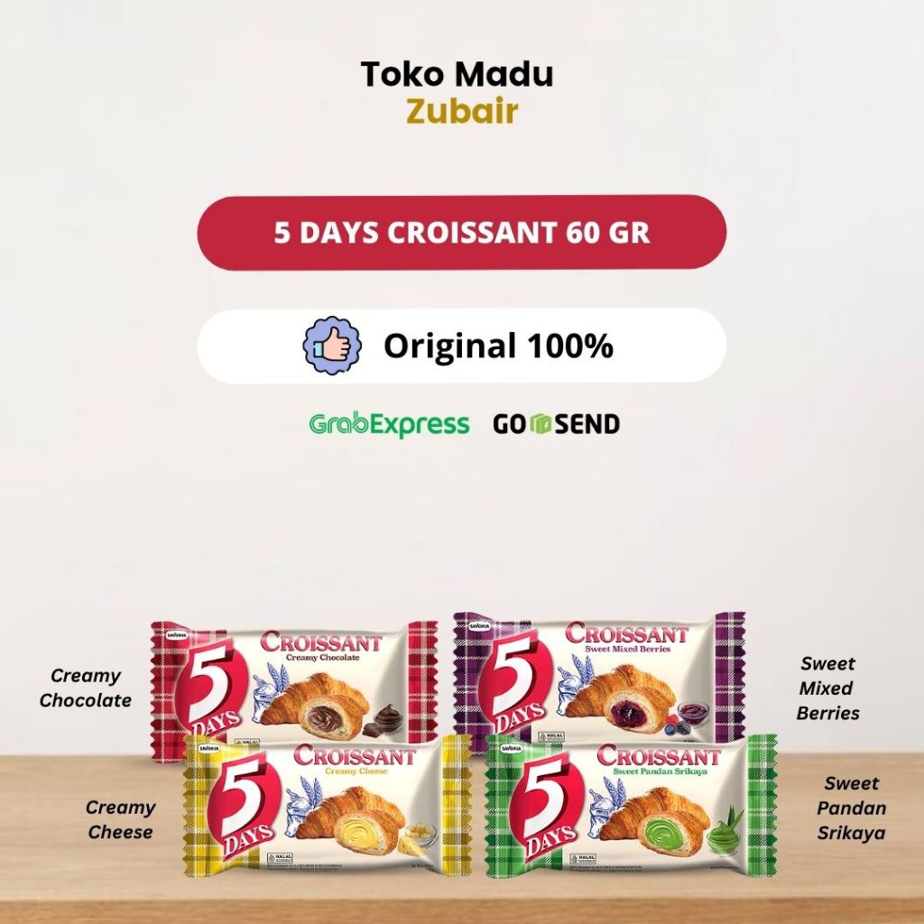 5 Days Croissant 60 Gr -  Roti Croisant Instant Isi Coklat, Selai Beri, Krim Keju, Pandan Srikaya