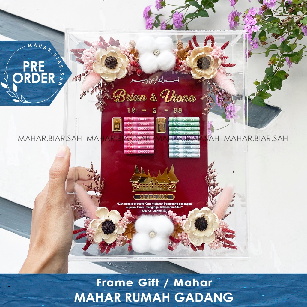 PO Frame Mahar 20 x 25 cm Akrilik Rumah Gadang / Mahar / Seserahan / Gift / Birthday Gift / Frame / 