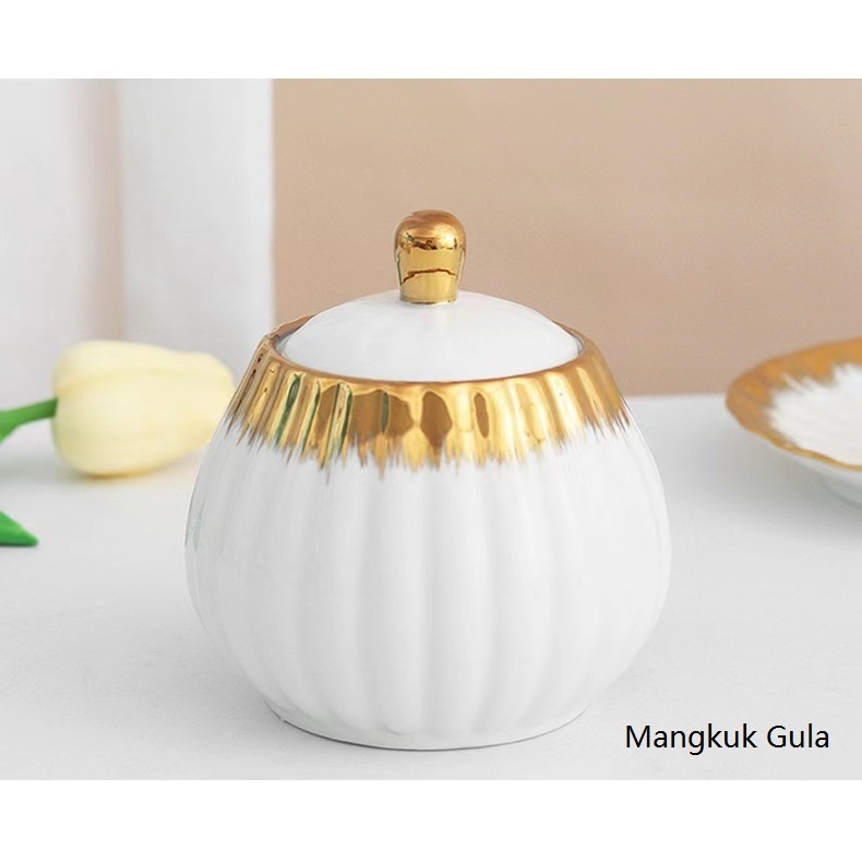 [ Hampers ] Set Tea Pot Cangkir Teko Kettle Ketel Poci Keramik Set  / Teapot Set Ribbon Gold / Teapot lucu / hampers teapot