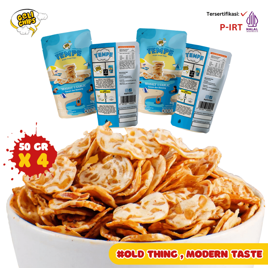 

Geli Chips - Paket Kombo 4 pcs Tempe Sagu Rasa Original Seasalt & Garlic 200 gr