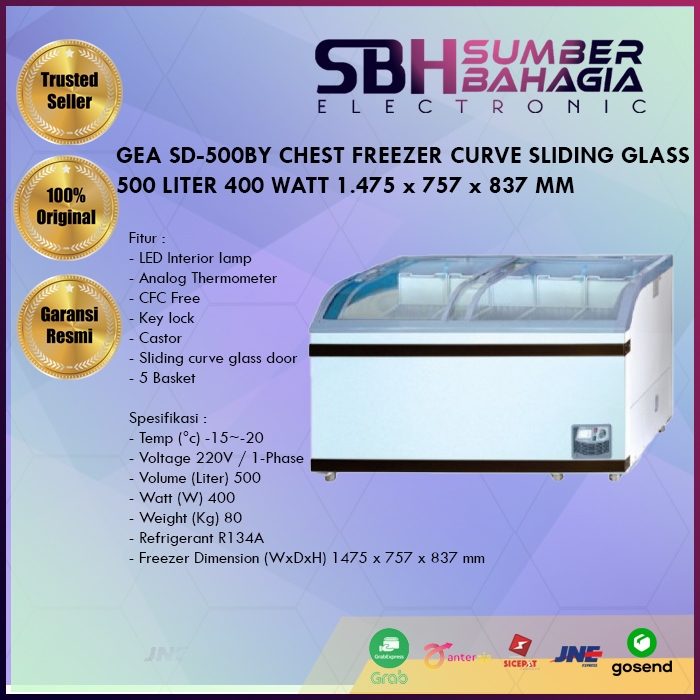 GEA SD-500BY CHEST FREEZER CURVE SLIDING GLASS 500 LITER 400 WATT 1.475 x 757 x 837 MM (NEW)