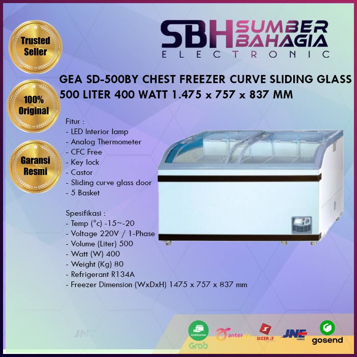 GEA SD-500BY CHEST FREEZER CURVE SLIDING GLASS 500 LITER 400 WATT 1.475 x 757 x 837 MM (NEW) (KHUSUS