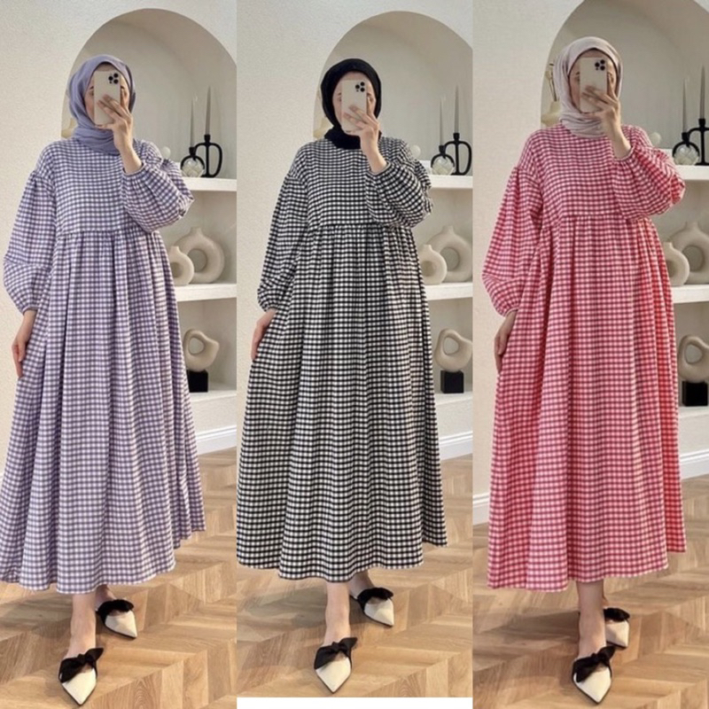 Tartan midi kotak kotak sedang bahan katun / dress seleting depan busui