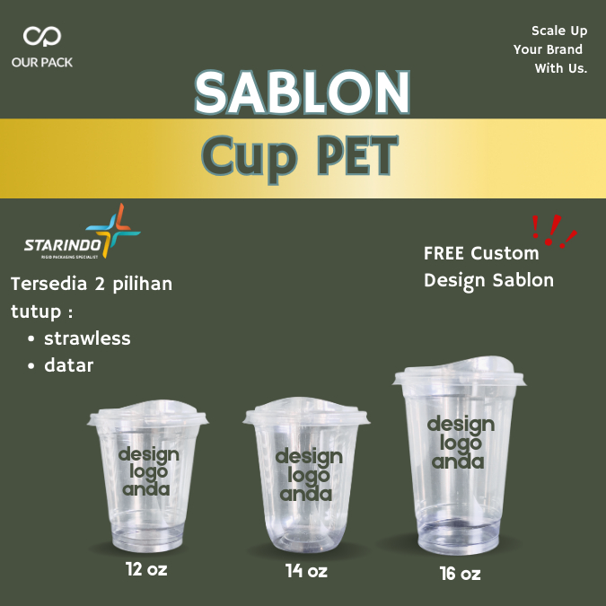 SABLON CUP PET STARINDO 12oz, 14oz, 16oz TEBAL + TUTUP STRAWLESS/DATAR PET