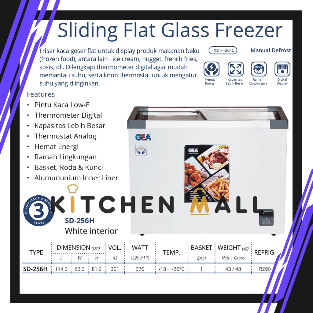 GEA SD-256H freezer kulkas pintu kaca datar / chest freezer 256 liter / sliding flat glass freezer /