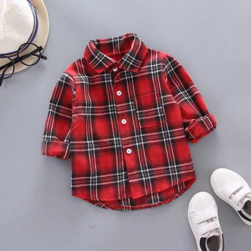 (6 BLN - 5 THN) RED SQUARE HEM KEMEJA BAYI LENGAN PANJANG MERAH ANAK COWOK LAKI LAKI BAJU LEBARAN ME