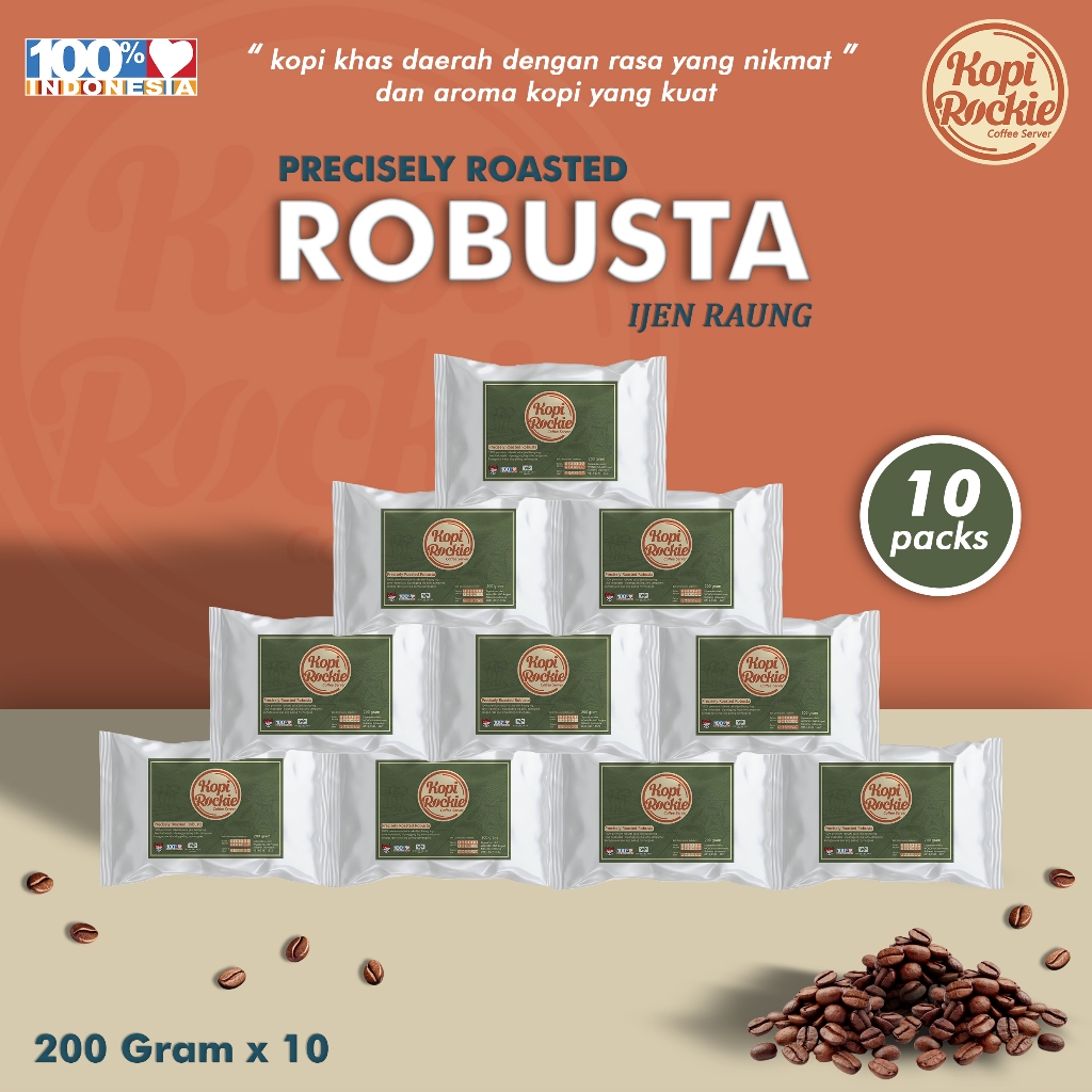 

Premium Kopi Bubuk Robusta Ijen Raung Fresh Roasted - KOPI ROCKIE - 200 Gram x 10 Packs