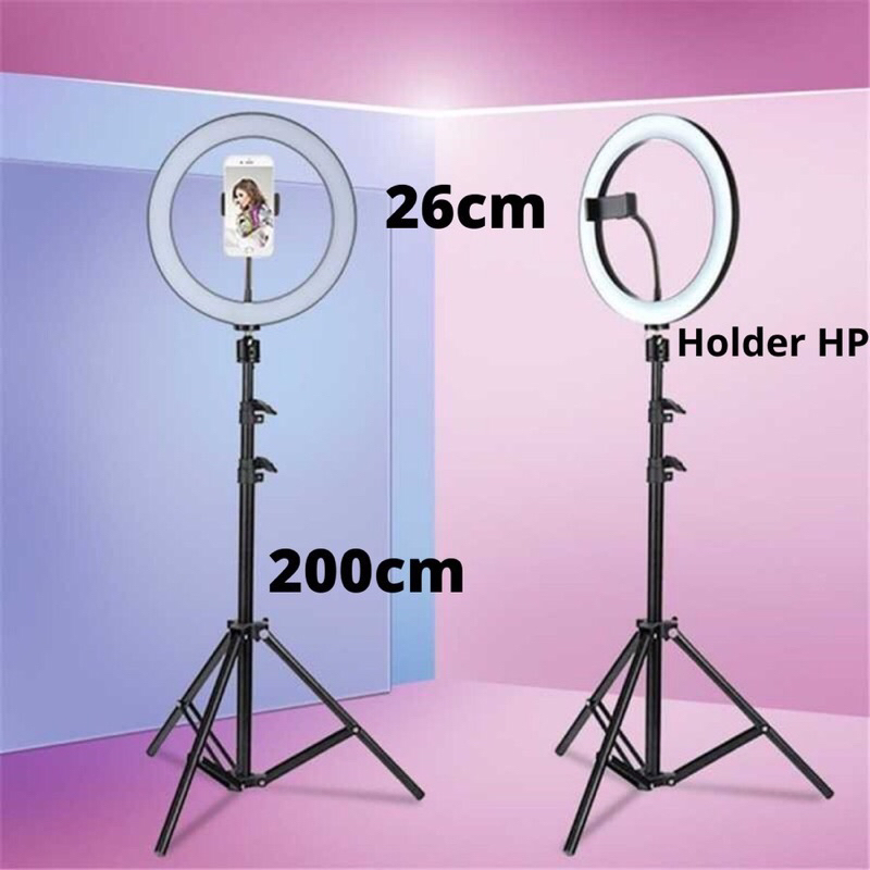 Paket Komplit Murah RINGLIGHT 26CM + TRIPOD 2,1 METER MAKE UP VLOG LAMPU RINGLIGHT