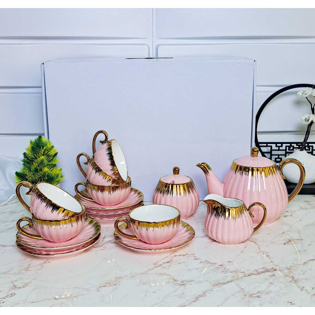 [ Hampers ] Set Tea Pot Cangkir Teko Kettle Ketel Poci Keramik Set  / Teapot Set Ribbon Gold / Teapot lucu / hampers teapot