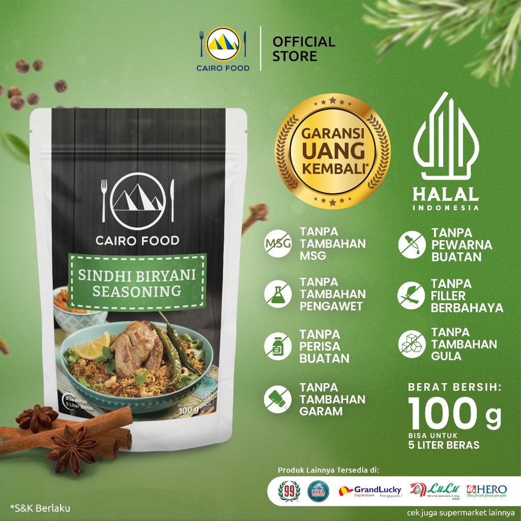 

Bumbu Nasi Biryani Sindhi Sehat – Tanpa MSG, 100% Rempah Murni | Cairo Food 100 gram