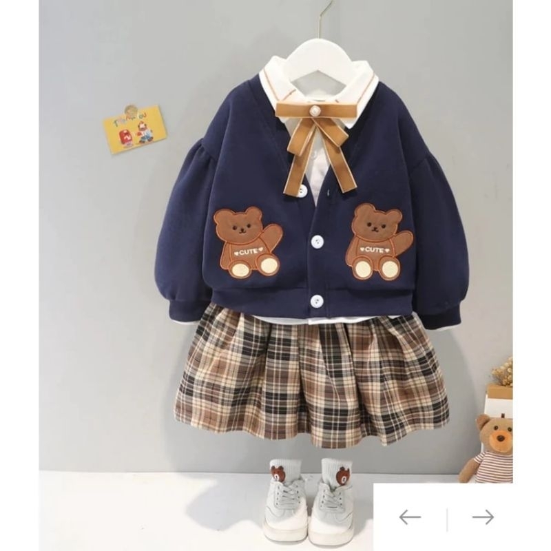 Baju stelan anak perempuan 3in1/ TEDY SET 3IN1/ Setelan rok cardi anak kekinian gaya korea