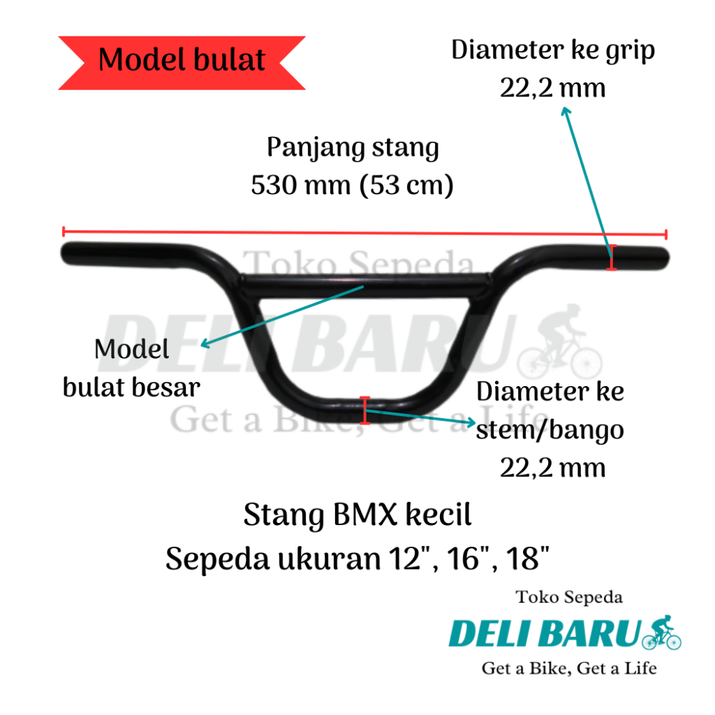 Stang BMX diamater 22.2 mm sepeda anak ukuran 12, 16, 18