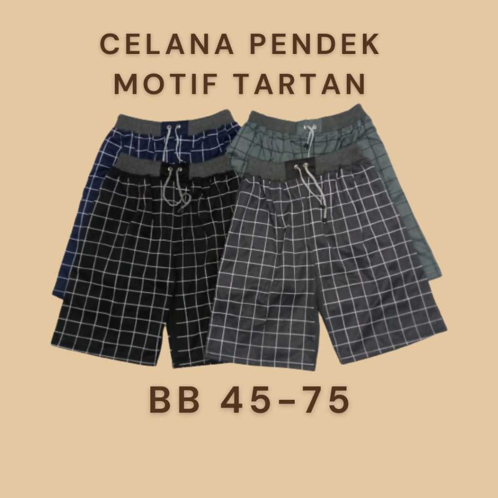 Celana Pendek Pria Dewasa Motif Tartan Pinggang Karet Rib