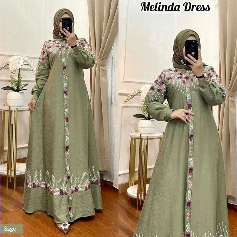 Melinda Dress Bahan Crinkle Airflow Aplikasi Bordir Gamis Muslim Crinkle Bordir Lebaran