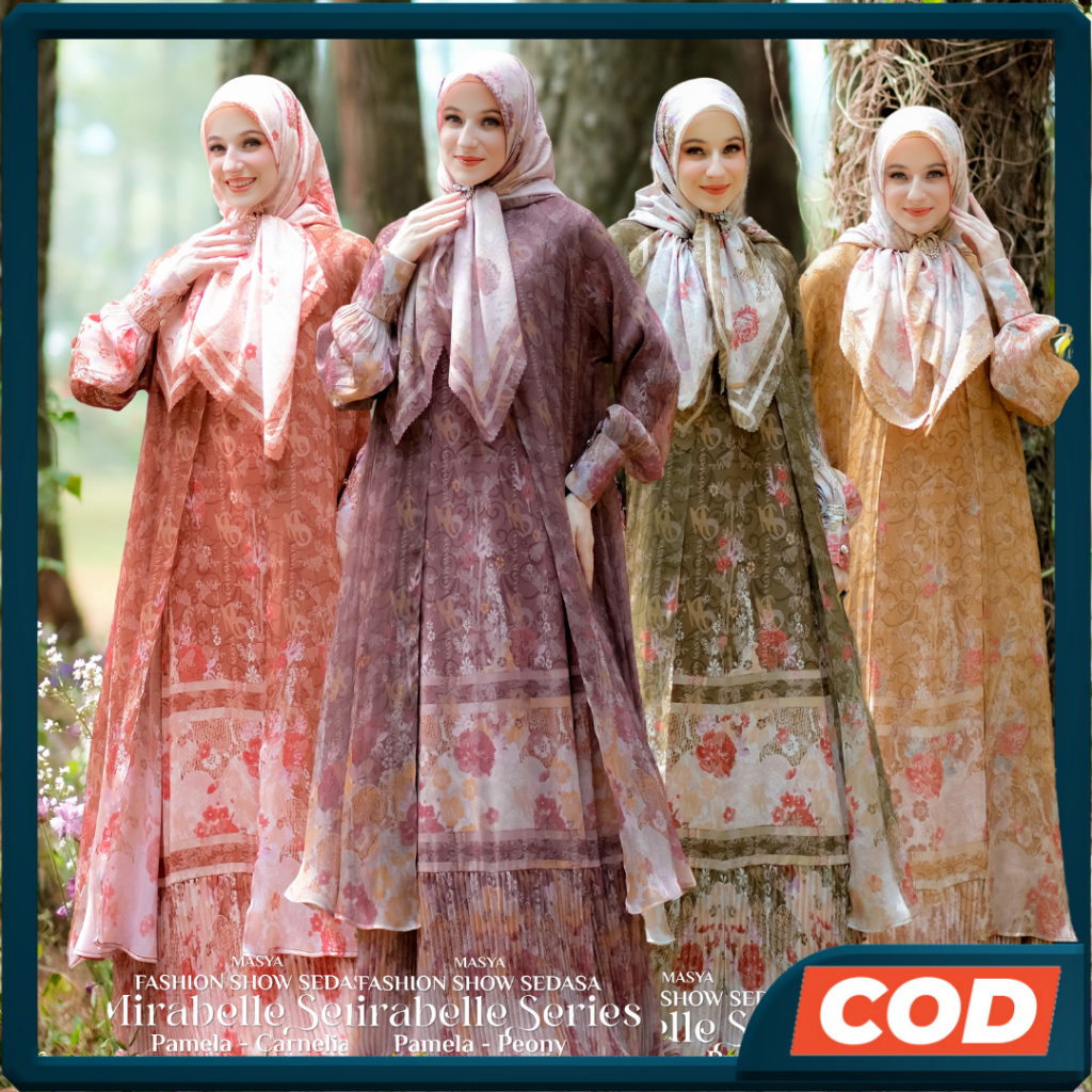 Set Gamis Dress Ceruty Babydoll Printing Premium Syari Branded Ungu - Merah Bata - Kuning - Purple -