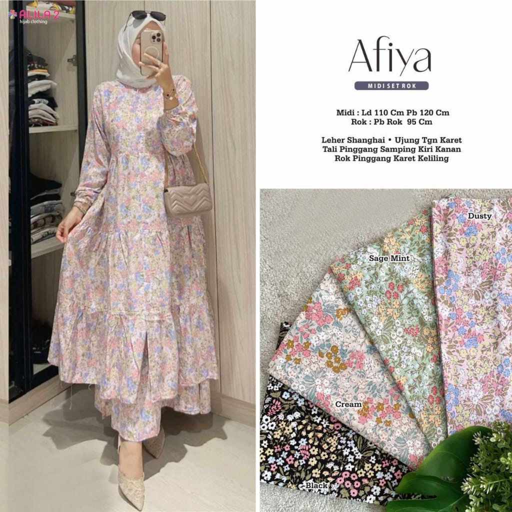 AFIYA SET ROK SETELAN LONG TUNIK DAN ROK LENGAN PANJANG MOTIF BUNGA KECIL ALILA KHEYRA JUMBO