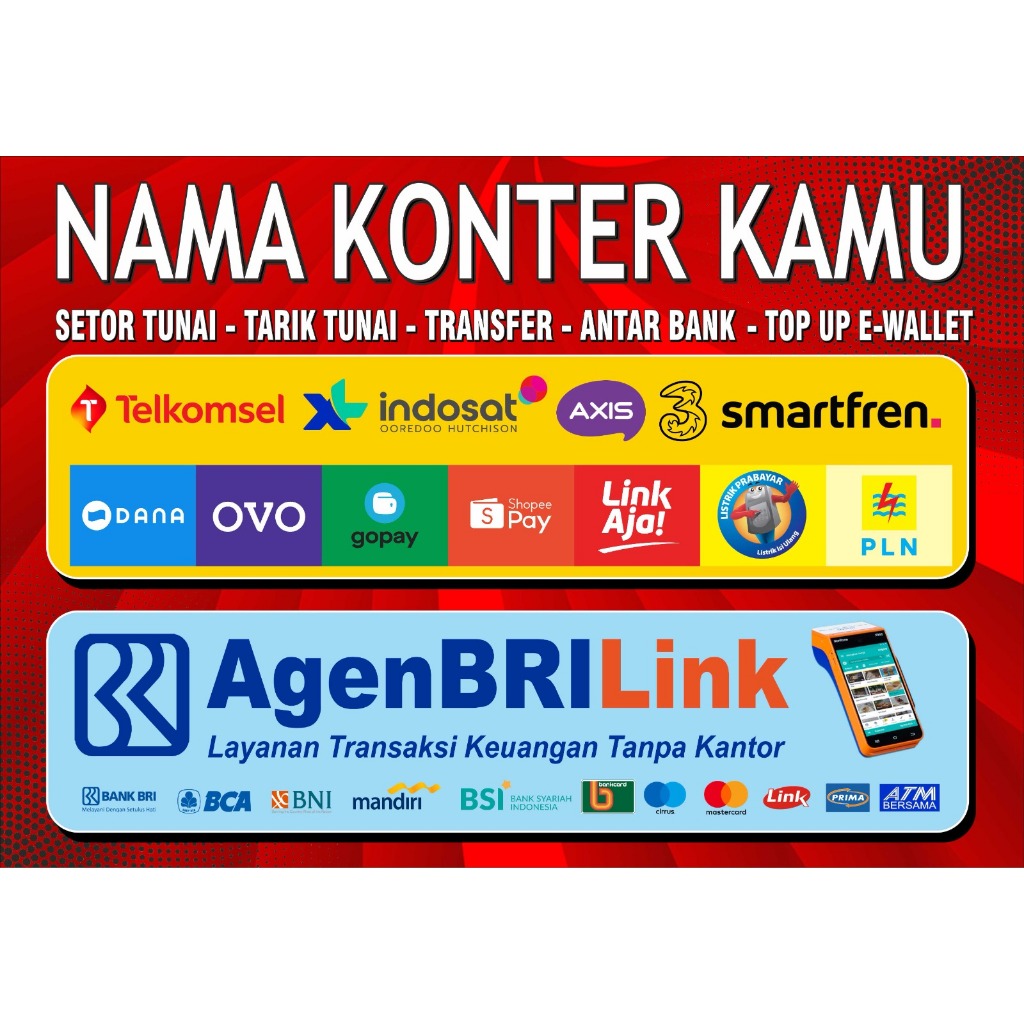 

STIKER PEMBAYARAN ONLINE BRILINK ( CUSTOM NAMA KONTER )