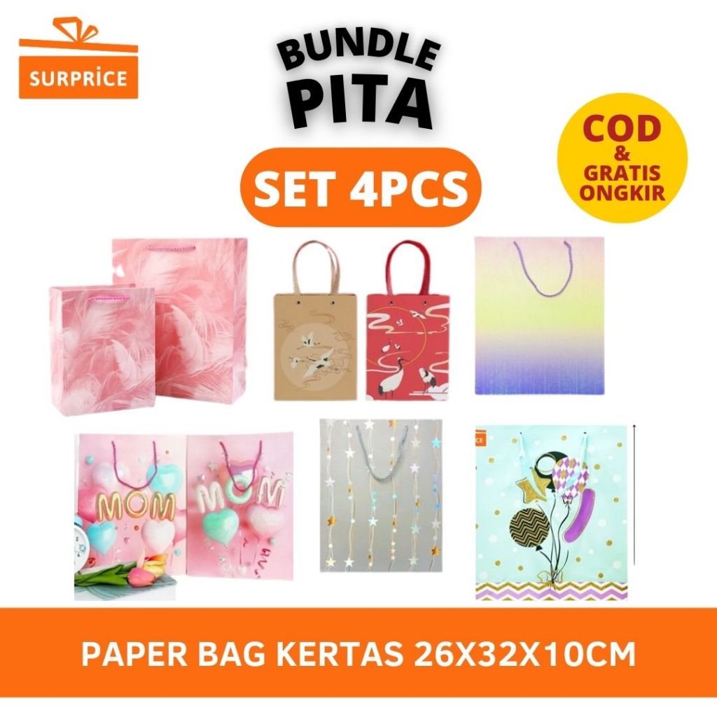 

[LIVE SPESIAL] (SET 4PCS) Surprice Gift Set Bundle PITA 4Pcs Paper Bag 26x32x12cm / PaperBag / Goodie bag Lucu