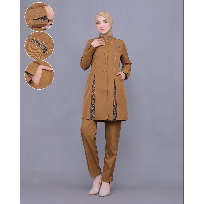 SERAGAM PEMDA TUA  TUNIK BELAH KOMBINASI BATIK BELAH BAHAN KATUN   FREE HIJAB SET CELANA PANJANG
