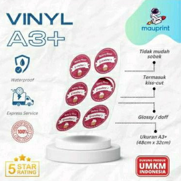 

CetakStickerVinyl+cutting/A3/doff/glossy/antiair
