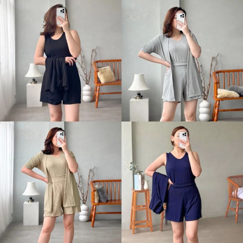 Set Cardigan Wanita Setelan Tanktop Lengan Buntung Dan Celana Pendek Bahan Rajut