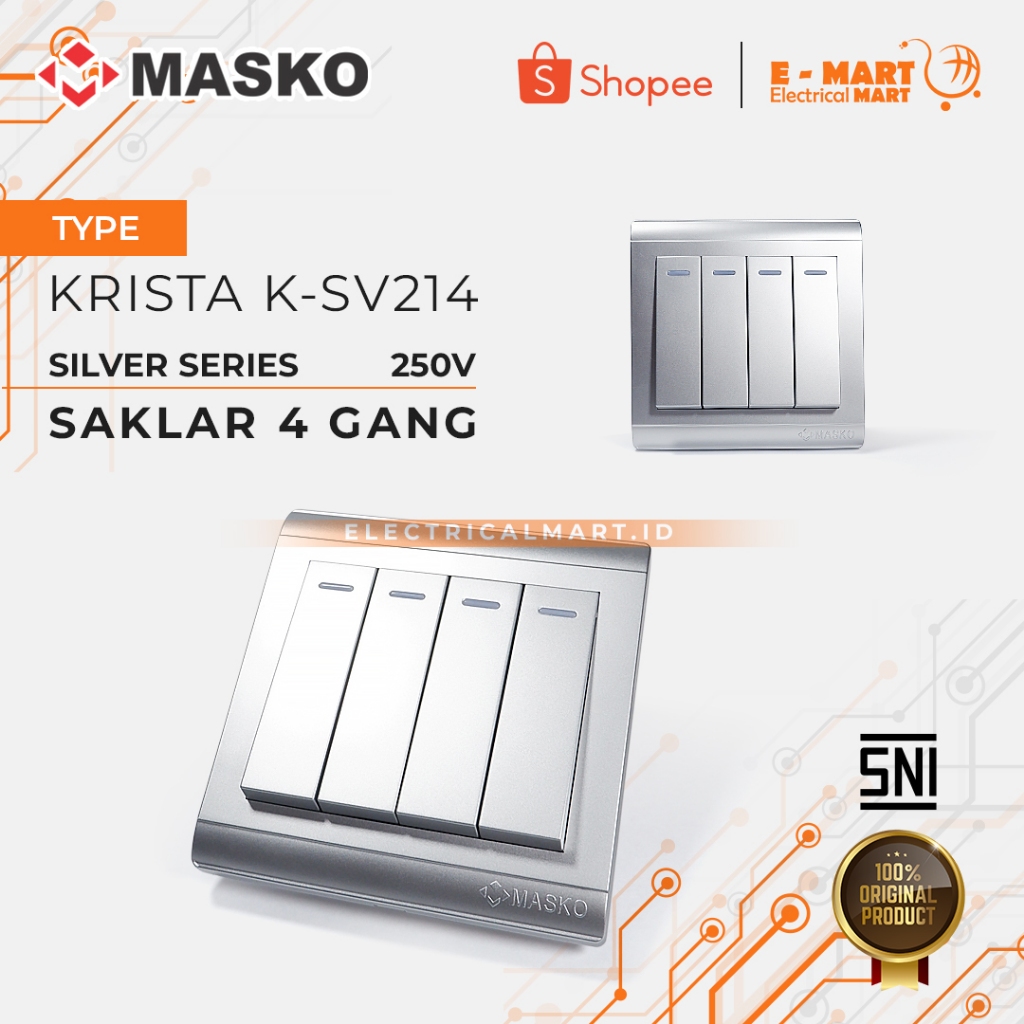 MASKO KRISTA Silver Saklar 4 GANG K-SV214 Cetekan Masko Minimalis