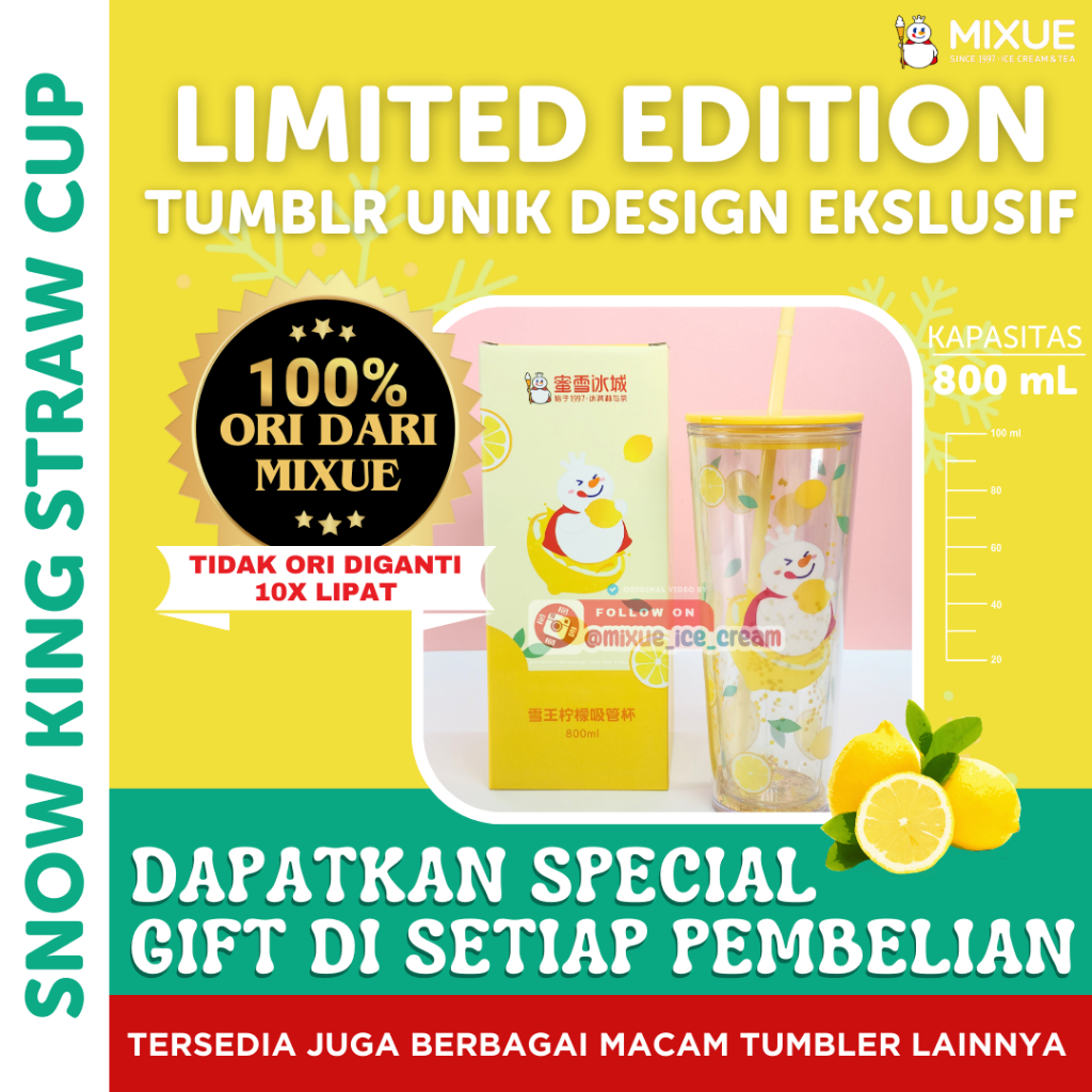Popping Boba Nata Jelly - Snow King Lemon Straw Cup 800 ML | Tumbler Botol Mixue 100% Original