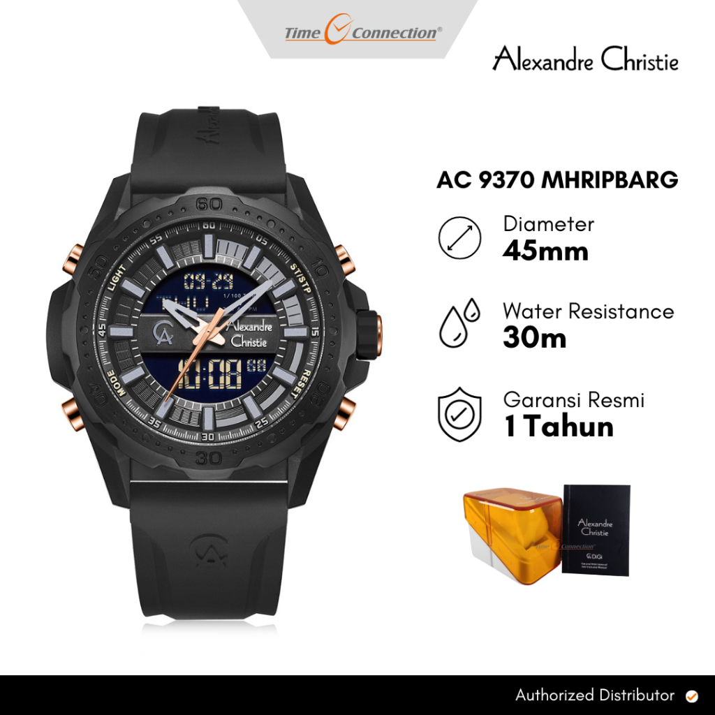 Alexandre Christie AC 9370 MHRIPBARG Hitam Rosegold Original / Jam Tangan Pria Analog Digital Karet 