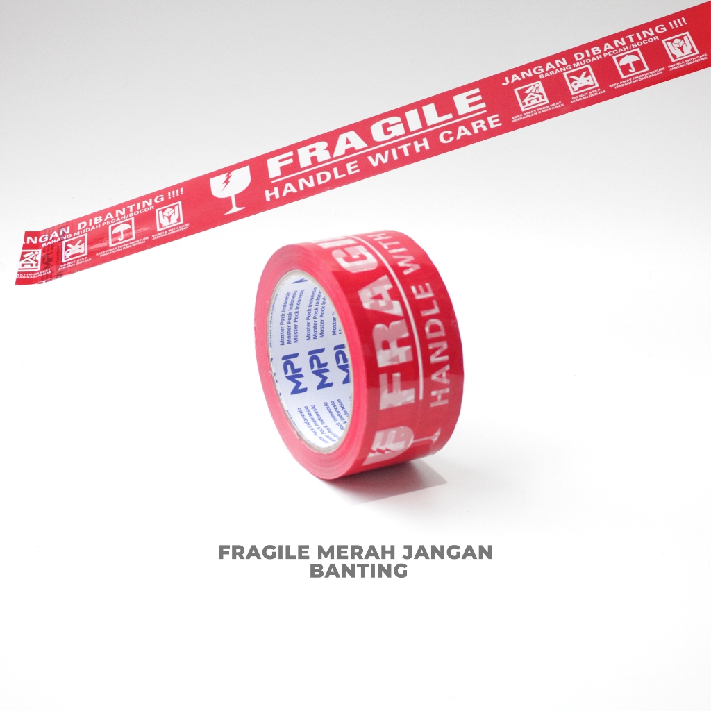 Lakban Fragile Merah 100 Yard - Lakban Fragile Unboxing 100 Yard MPI Jumbo - Lakban Fragile Putih 10