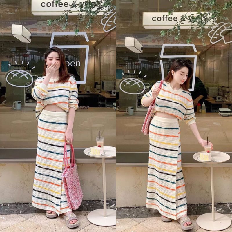 QUEEN SAKURA - Q7141SET - RAINBOW KNIT SET SWEATER & SLIT SKIRT IMPORT - SETELAN ROK DAN SWEATER RAJ