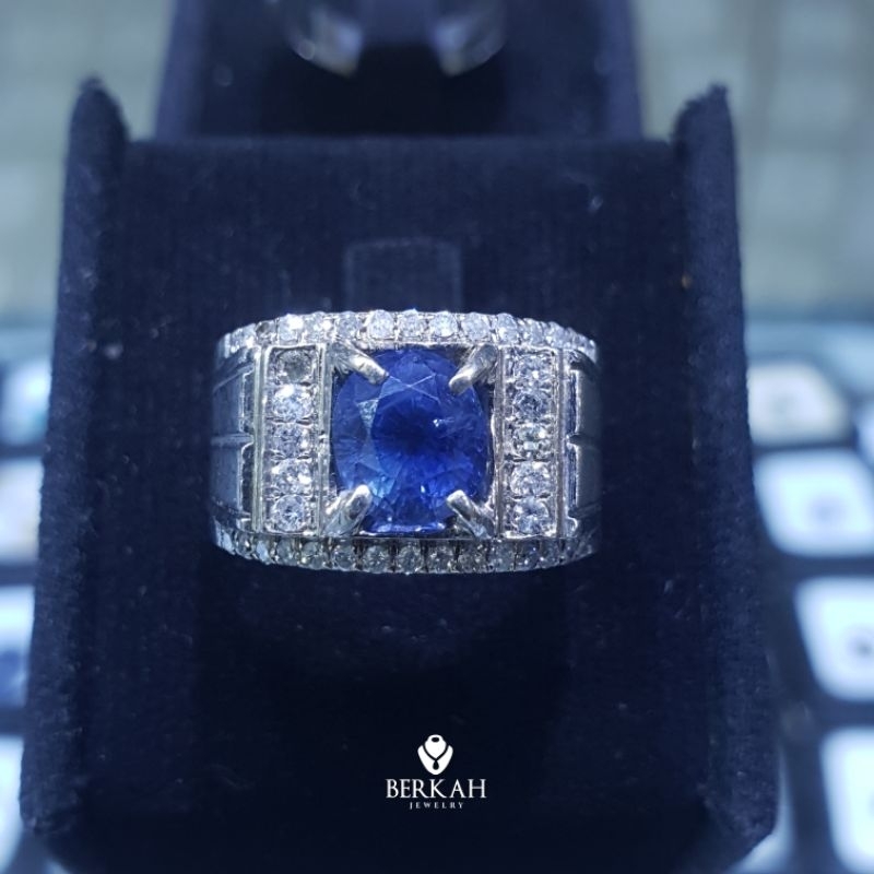 EMAS Cincin Pria Berlian Asli Natural Diamond Batu Sapphire