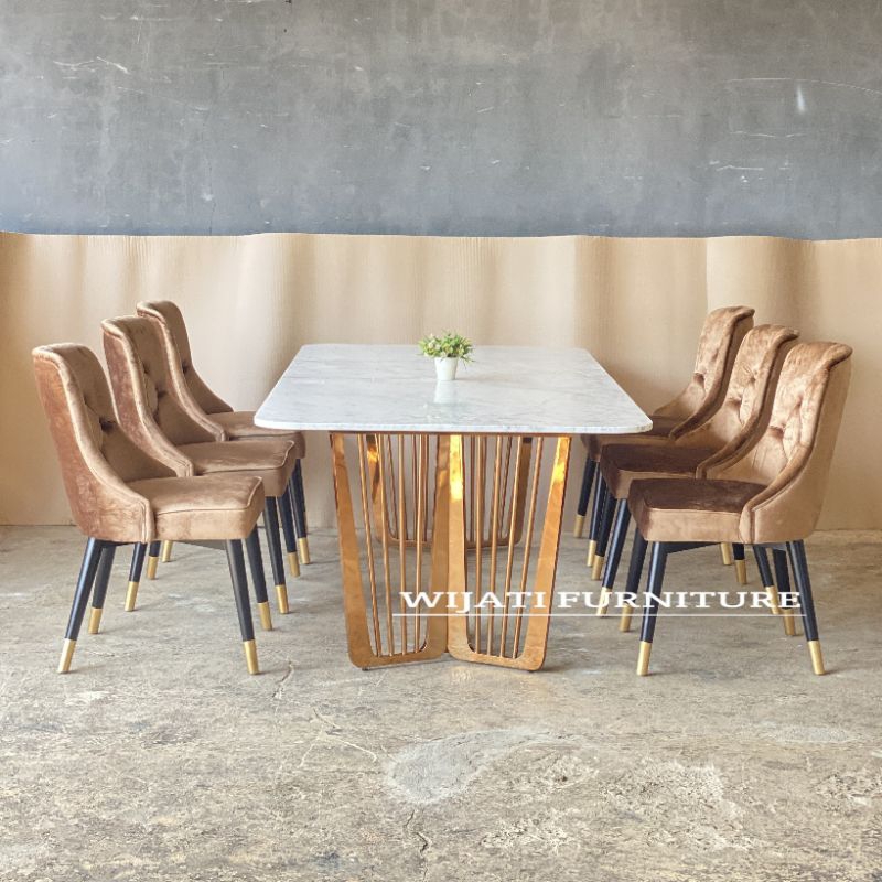 Set Meja Makan Marmer Stainless Gold Marmer Asli