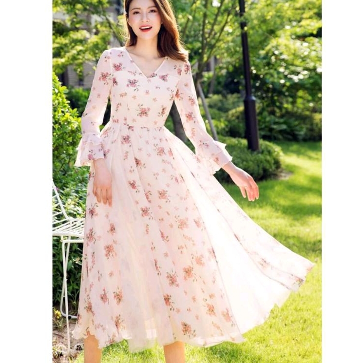 96680 Baju mididress CNY BLOOMARIE FLORAL PATCHWORK DRESS vneck lengan terompet lonceng dres Korea K