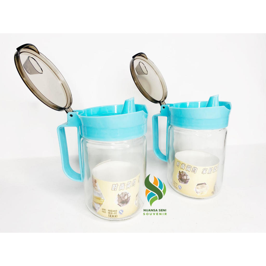 Souvenir Botol Minyak 450ml Tumbler Oil Kaca Tutup Plastik Cup Kaca Gagang Plastik Warna Bening Polo