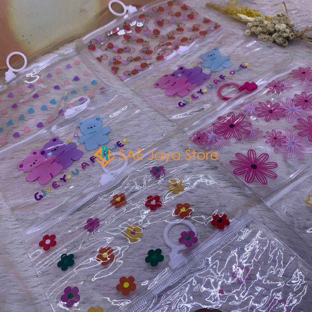 SAE - POUCH MIKA TRANSPARAN MOTIF KARAKTER CEWE LOVE BUNGA BERUANG / POUCH MIKA MULTIFUNGSI