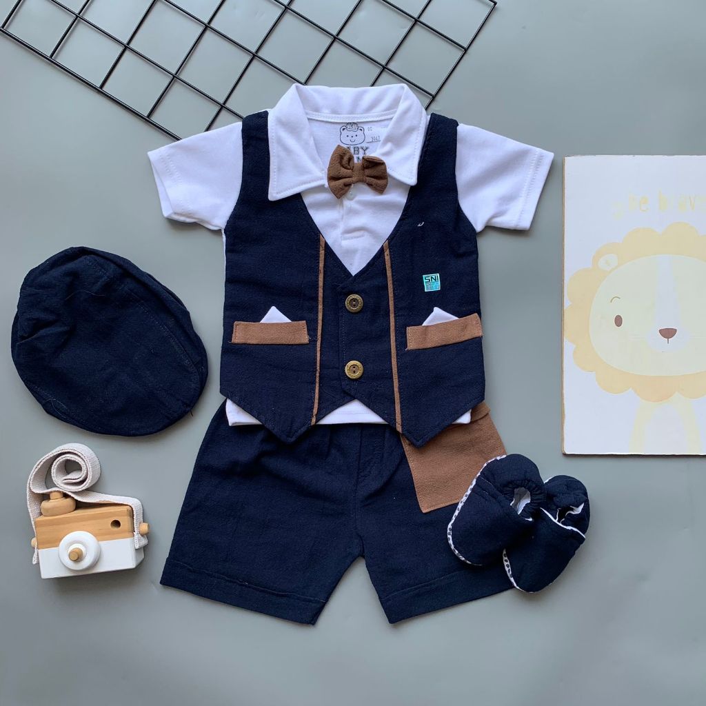 babyshops pakaian setelan tuxedo baju bayi laki laki bayi cowok motif garis free topi dan sepatu nya