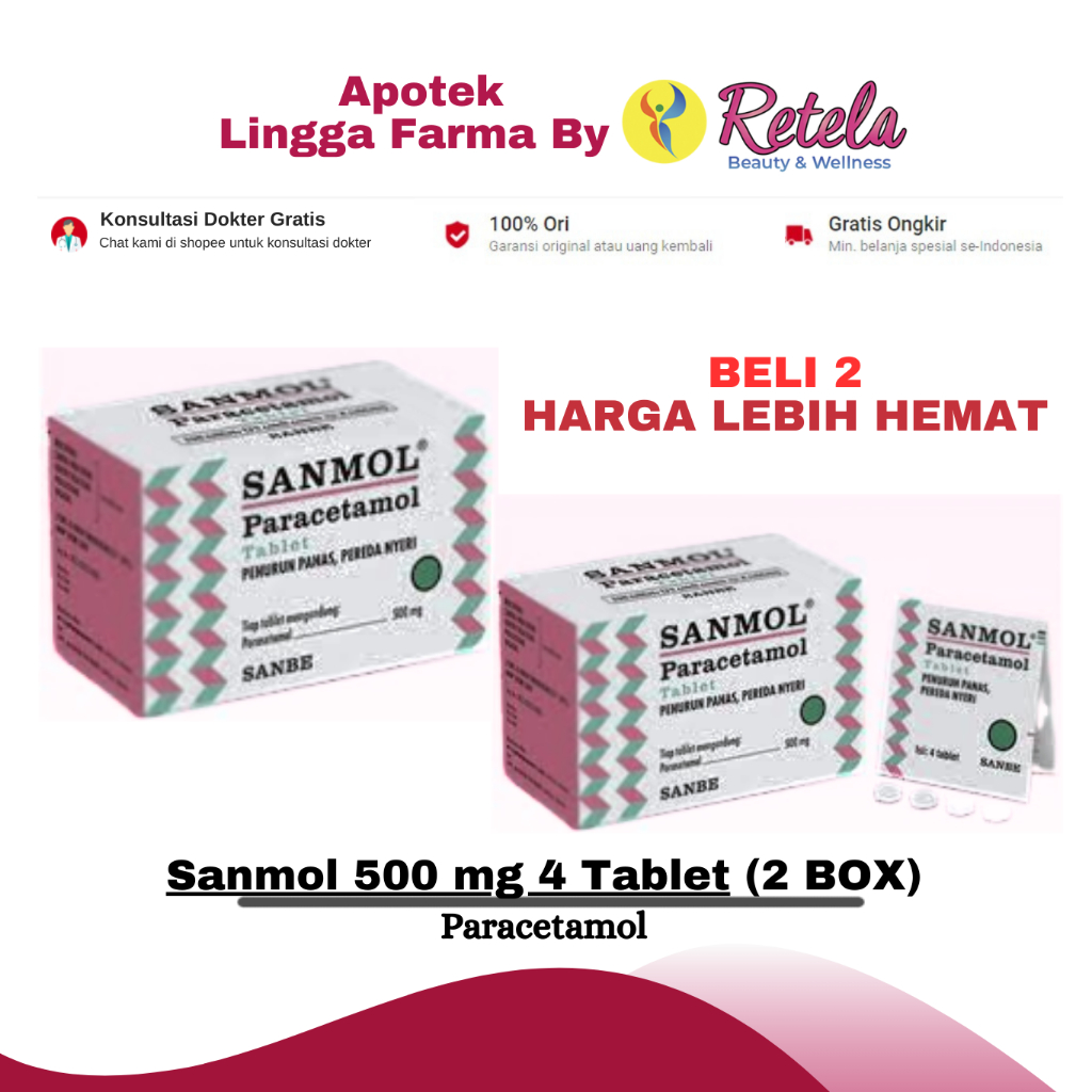 Sanmol 500 mg 4 Tablet (2 dus)/PARACETAMOL/Penurun panas/Demam/Anak/Dewasa/Pusing/Sakit Kepala