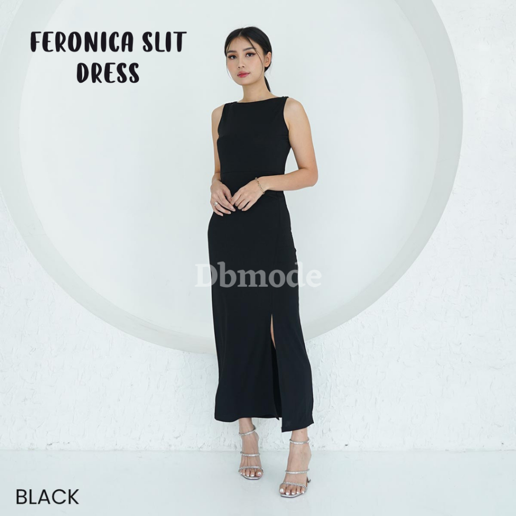 Inner Long Dress Wanita Hitam Polos Bodycon Tanpa Lengan Pendek Belah Samping Korean Style Feronica