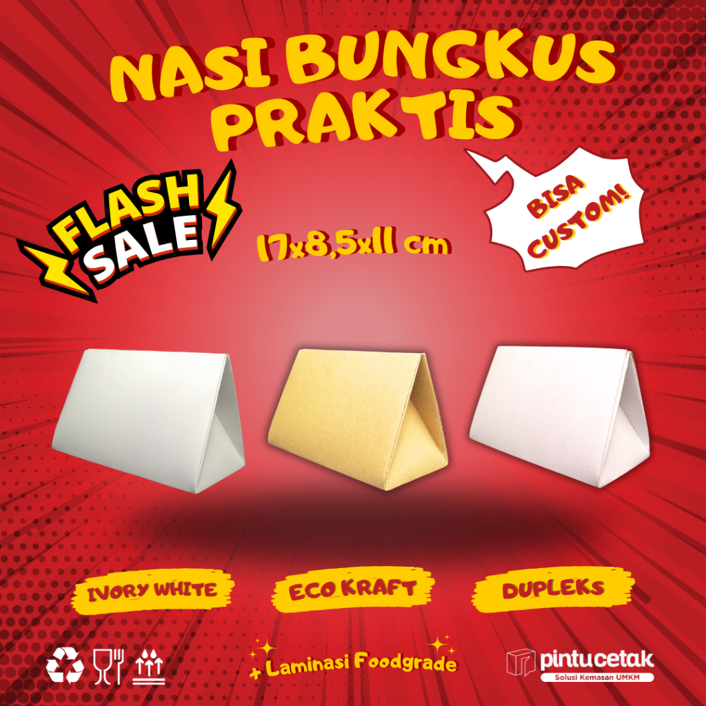 CUSTOM DESIGN NASI BUNGKUS PRAKTIS BOX Makanan Paper Kraft, MIN ORDER 1000 PCS, DESIGN FULL COLOR TE